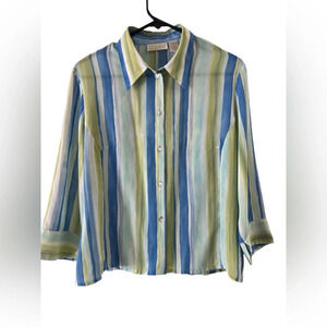 Blue and green striped button down blouse